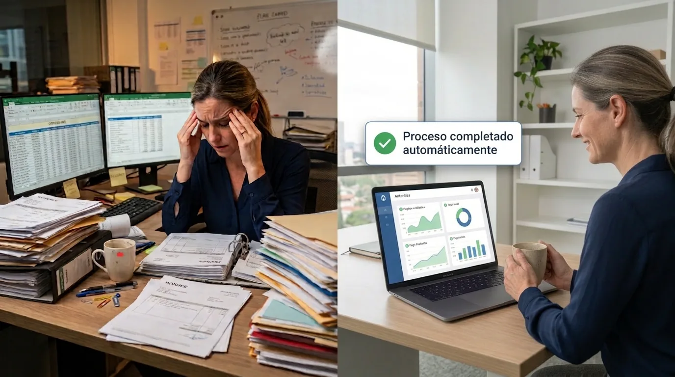 Comparación entre una tarea administrativa manual y el mismo proceso completado automáticamente