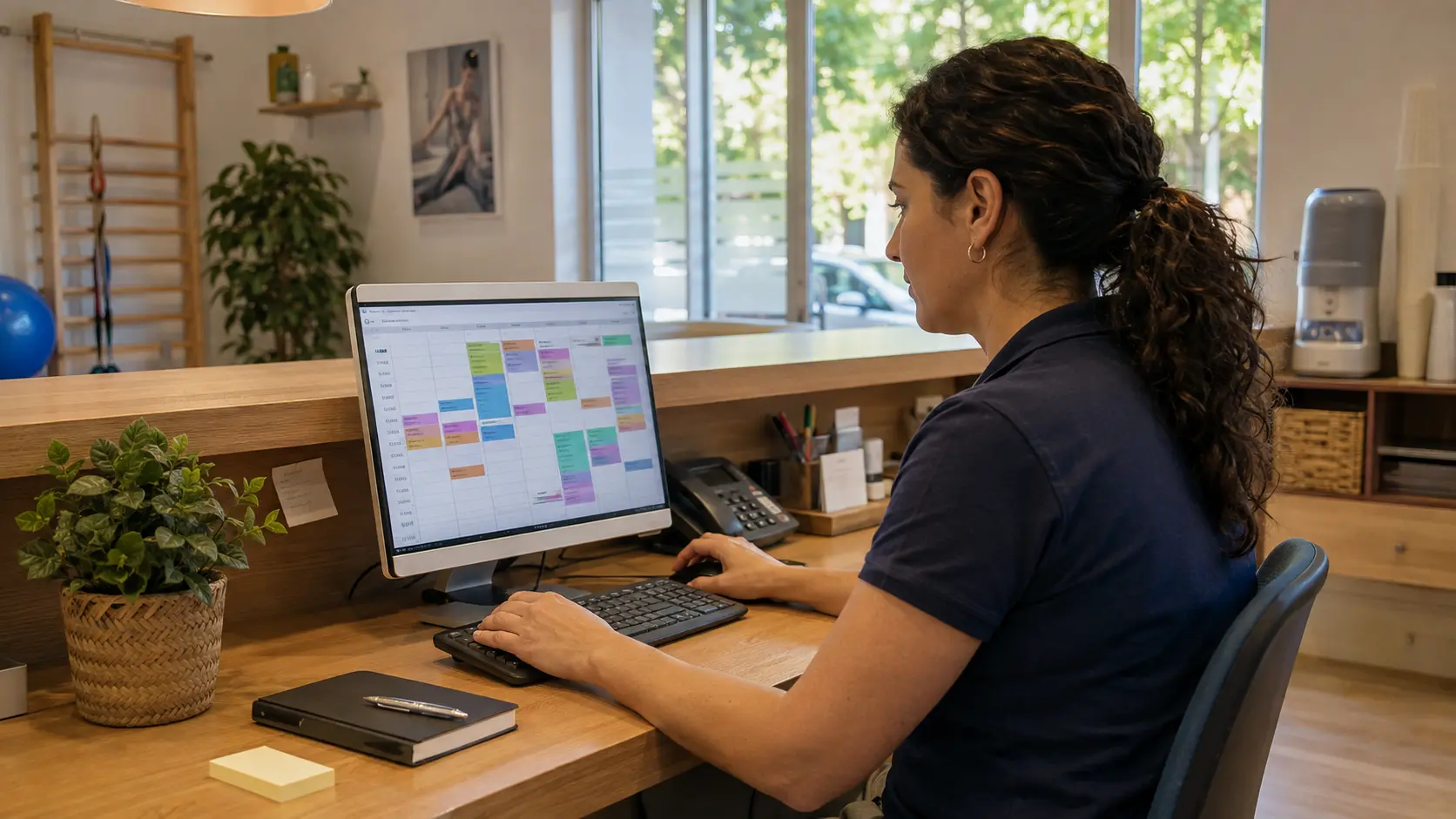 Recepcionista de una clínica gestionando citas y recordatorios desde un ordenador
