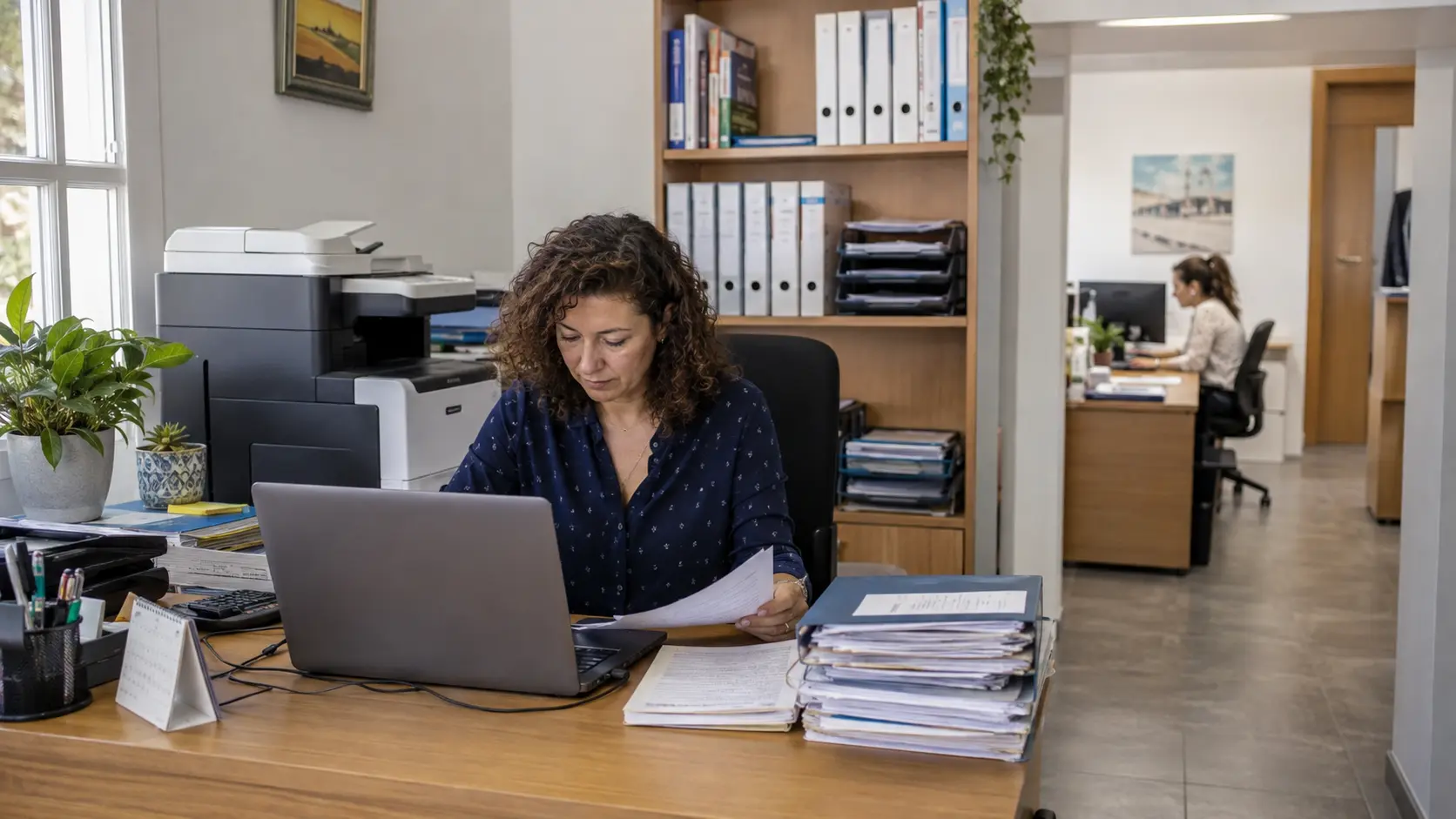 Profesional trabajando con un portátil y documentación en una asesoría pequeña