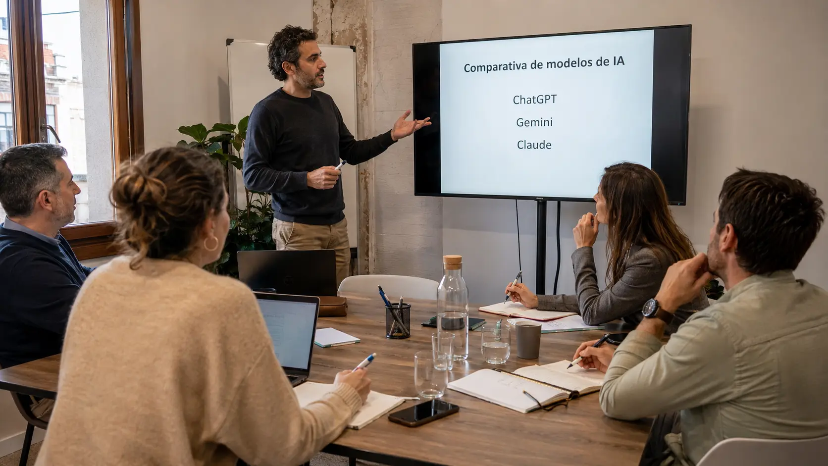 Equipo profesional participando en una sesión práctica sobre modelos de inteligencia artificial