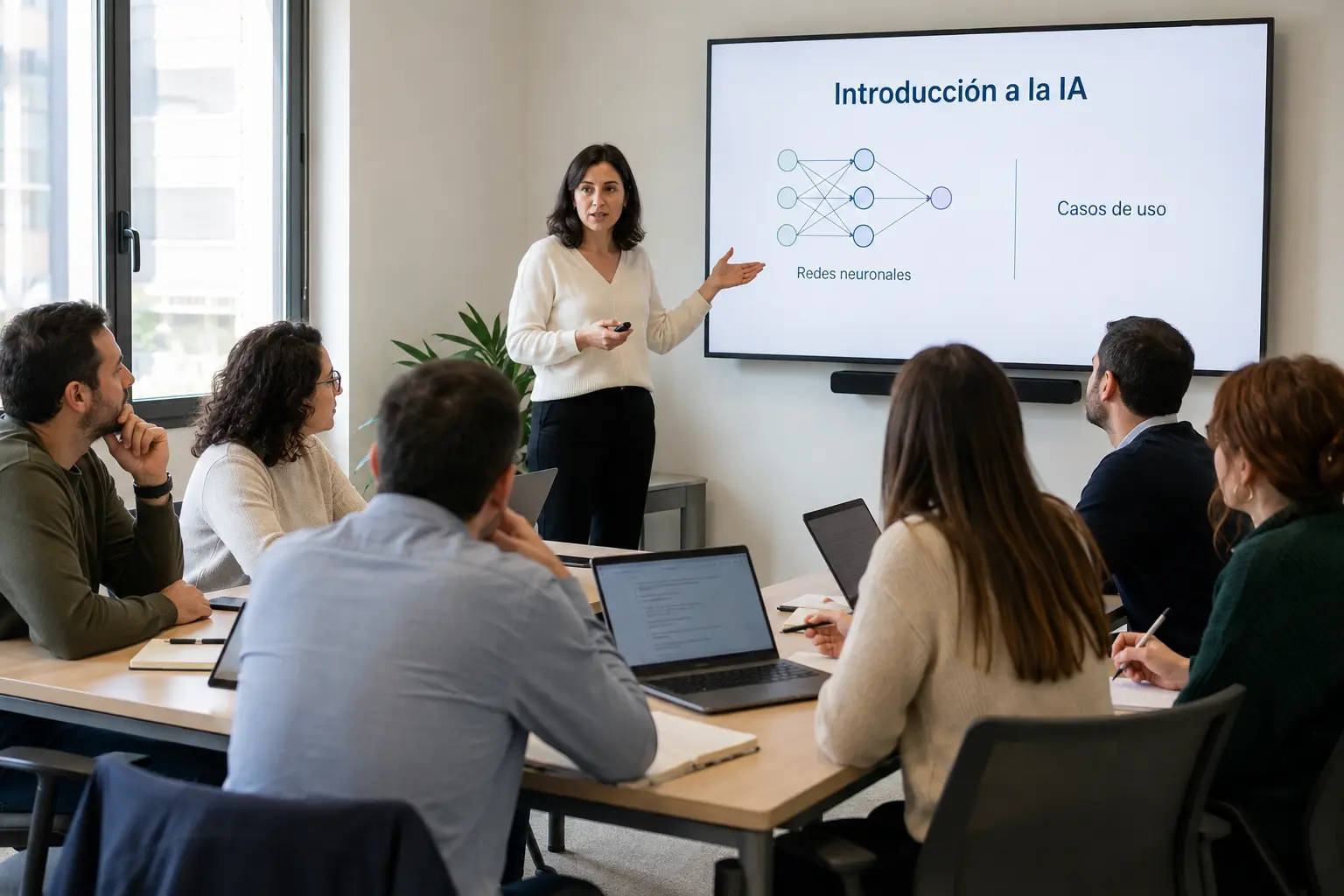 Formadora explicando inteligencia artificial a un grupo de profesionales en un aula corporativa